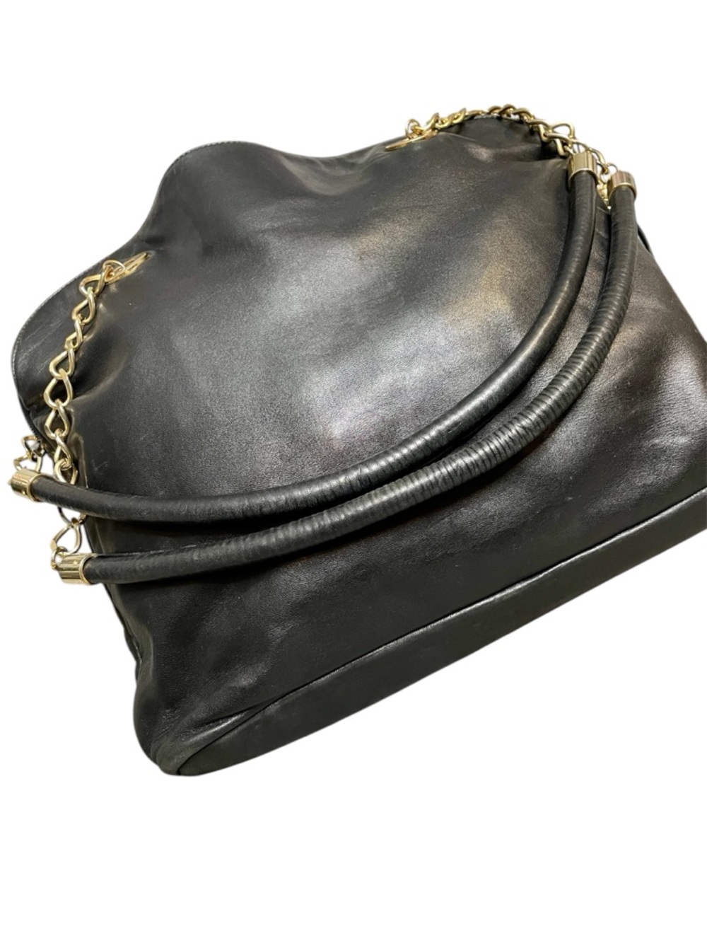 Via Veneto Vintage Black Leather Triple Compartment Tote Dual Gold Chain Handles - Picture 12 of 13